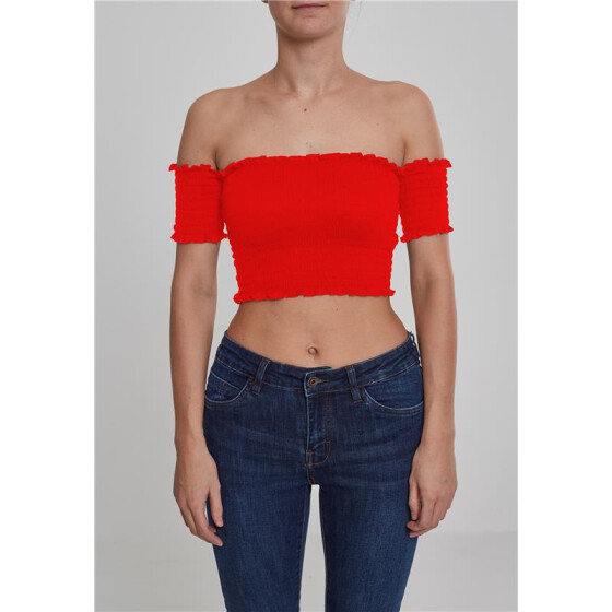 Urban Classics Ladies Cropped Cold Shoulder Smoke Top, fire red