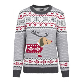 Urban Classics Ladies Sausage Dog Christmas Sweater, grey/white/red/darkgrey